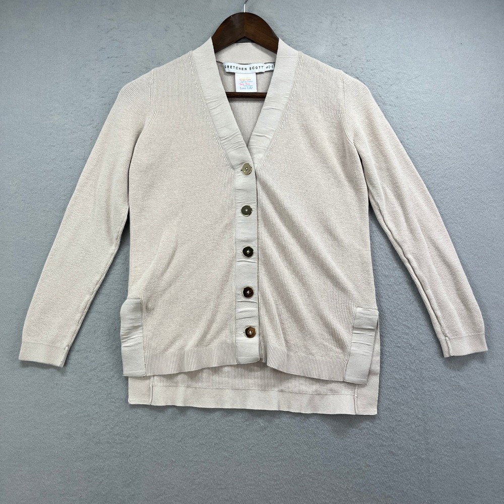 Gretchen Scott Cardigan Sweater Jacket Womens S Beige Ribbed Longline Preppy